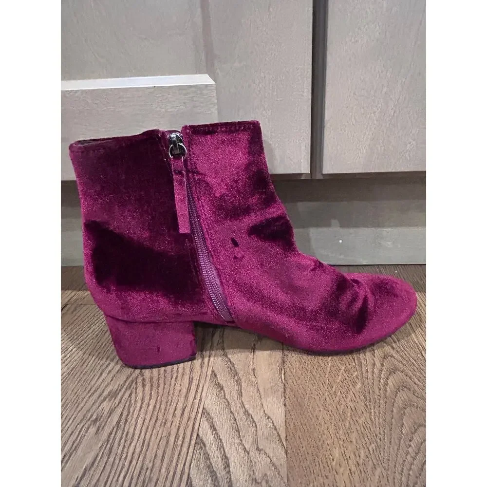 Burgundy Velvet Ankle Boots Low Block Heel Maroon Booties Fall Aesthetic 10 Cozy